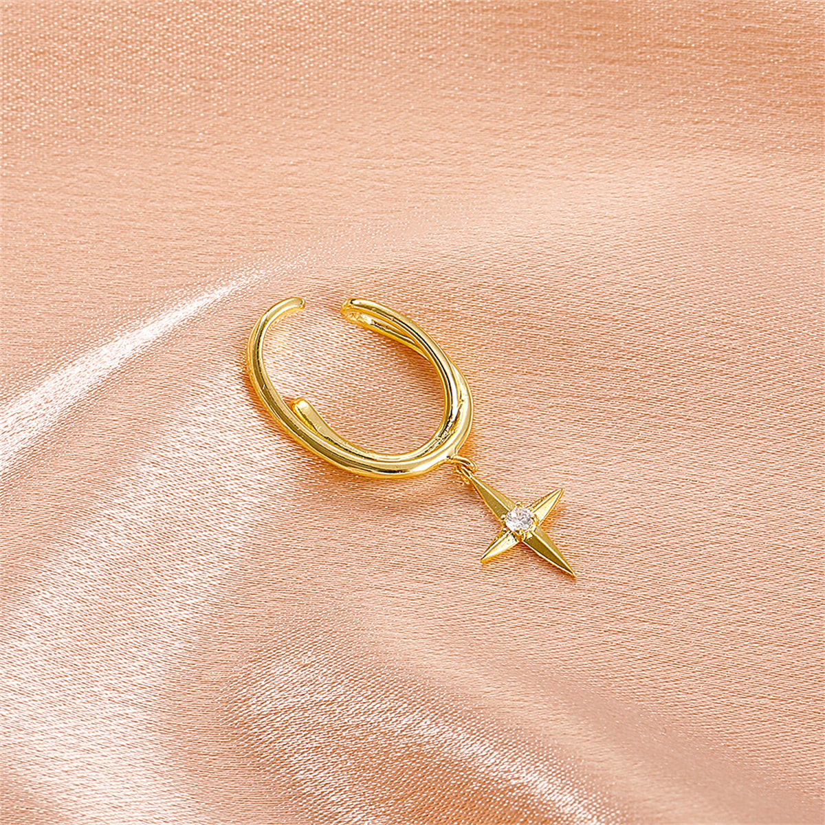 Cubic Zirconia and 18K Gold-Plated Star Charm Ear Cuff, gold huggie earrings, everyday style, detail close-up