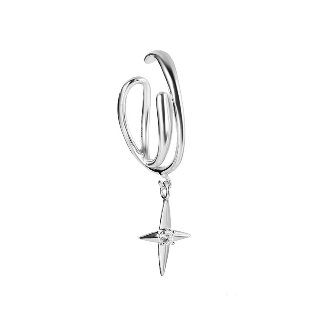 Clear Cubic Zirconia and Silver-Plated Star Charm Ear Cuff, silver drop earrings for women, elegant gift for her, front view