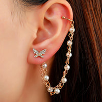 Cubic Zirconia & Pearl 18k Gold-Plated Butterfly Chain Ear Cuff