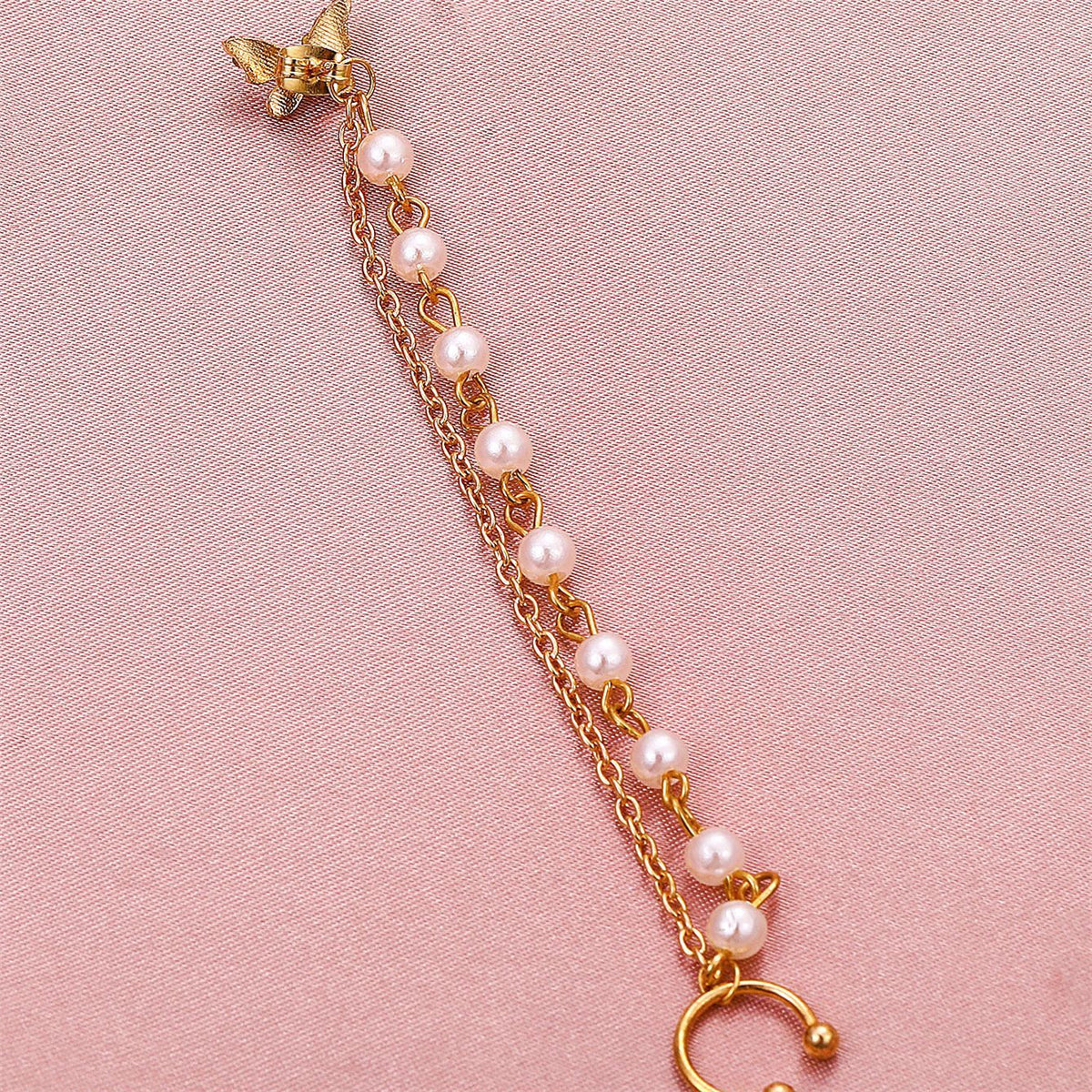 Cubic Zirconia & Pearl 18K Gold-Plated Butterfly Chain Ear Cuff