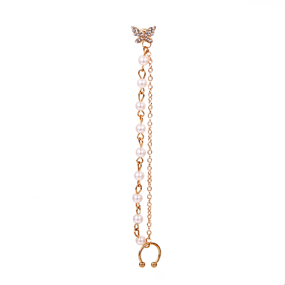 Cubic Zirconia & Pearl 18K Gold-Plated Butterfly Chain Ear Cuff