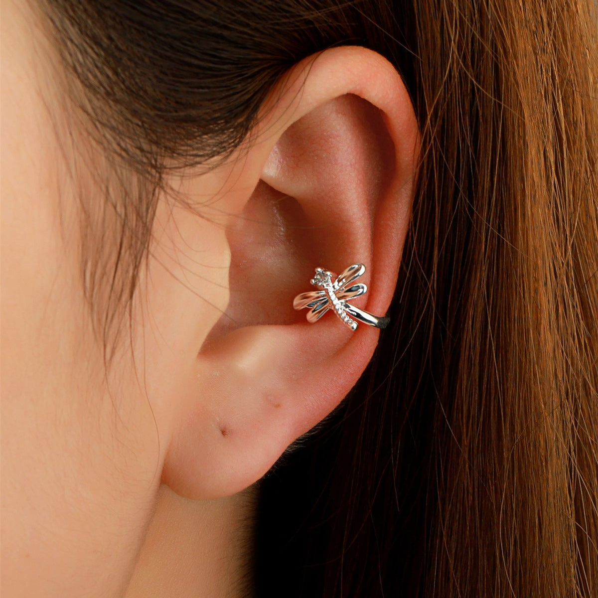 Cubic Zirconia and Silver-Plated Dragonfly Ear Cuff, silver stud earrings for women, everyday style, front view