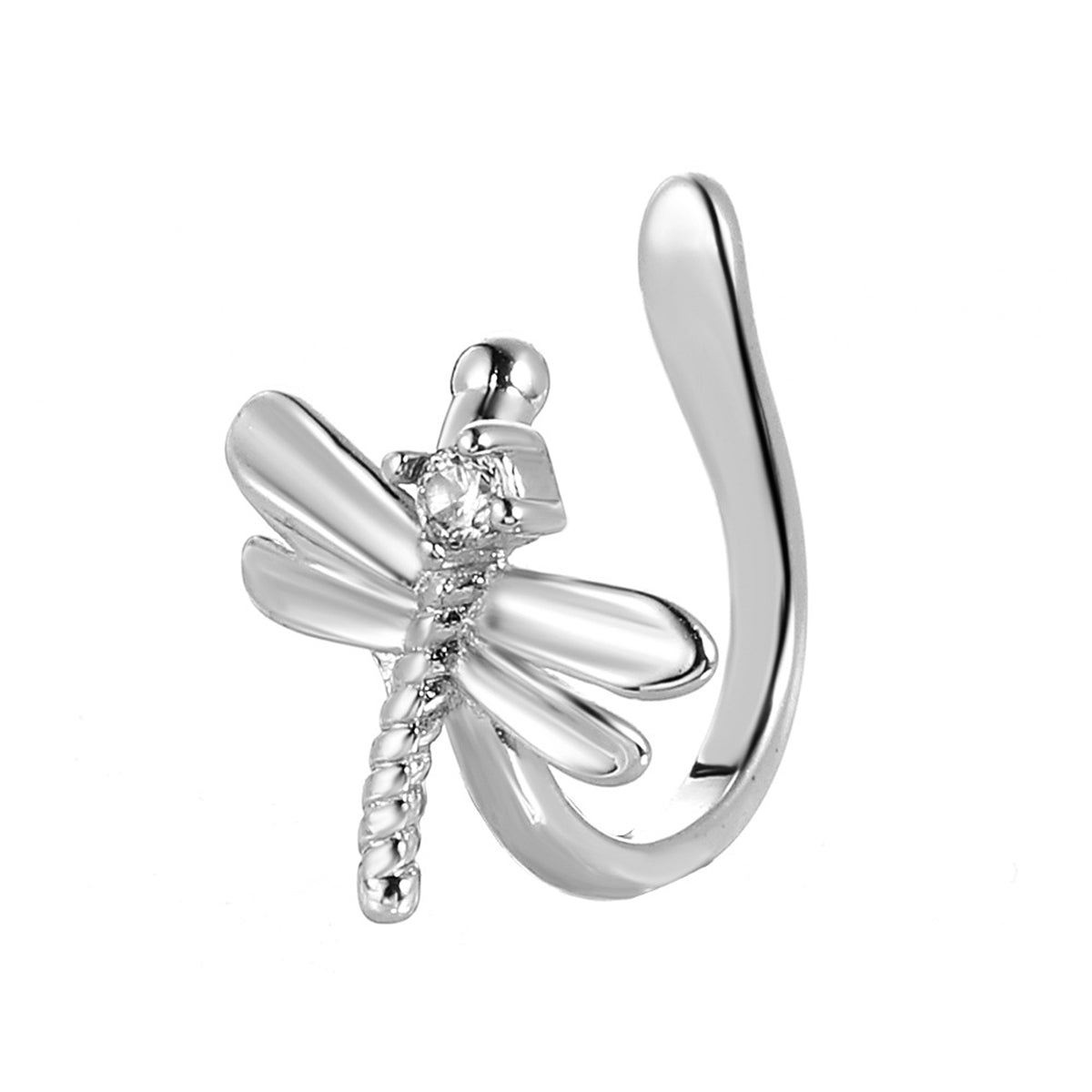 Cubic Zirconia and Silver-Plated Dragonfly Ear Cuff, silver stud earrings for women, everyday style, side view
