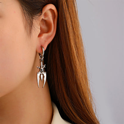 Silver-Plated Skull Trident Drop Earrings, silver huggie earrings, vintage-inspired design, front view