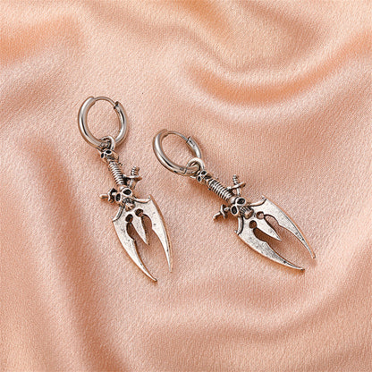 Silver-Plated Skull Trident Drop Earrings, silver huggie earrings, vintage-inspired design, styled look