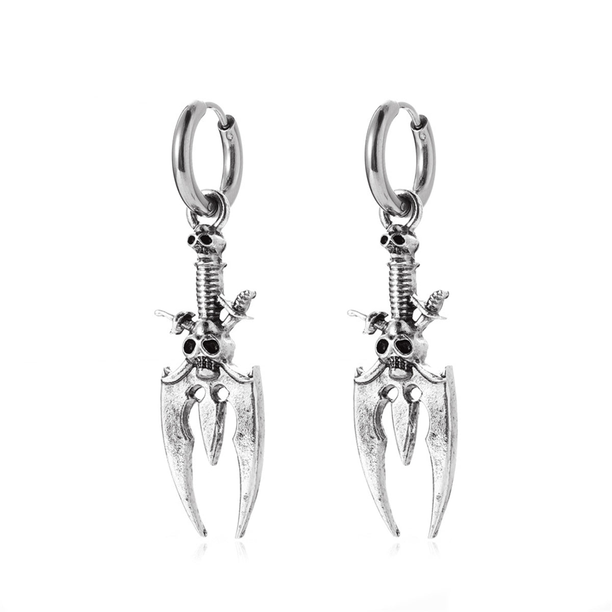 Silver-Plated Skull Trident Drop Earrings, silver huggie earrings, vintage-inspired design, side view