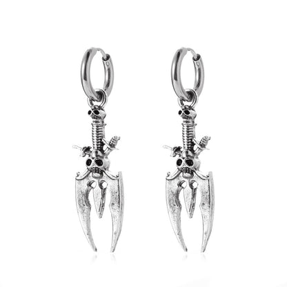 Silver-Plated Skull Trident Drop Earrings, silver huggie earrings, vintage-inspired design, side view