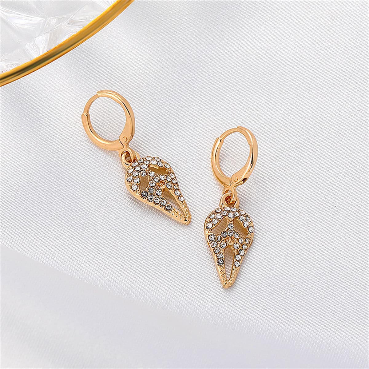 Cubic Zirconia and 18K Gold-Plated Screaming Ghost Drop Earrings, gold huggie earrings, everyday style, detail close-up