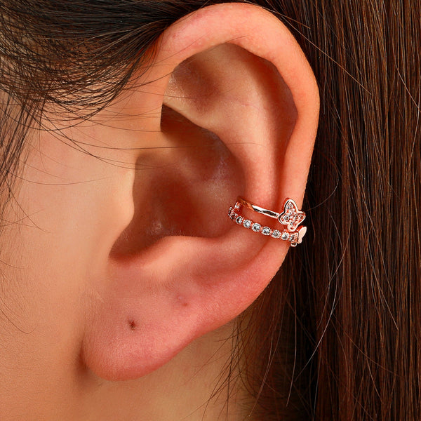 Cubic Zirconia & 18k Rose Gold-Plated Butterfly Layered Ear Cuffs