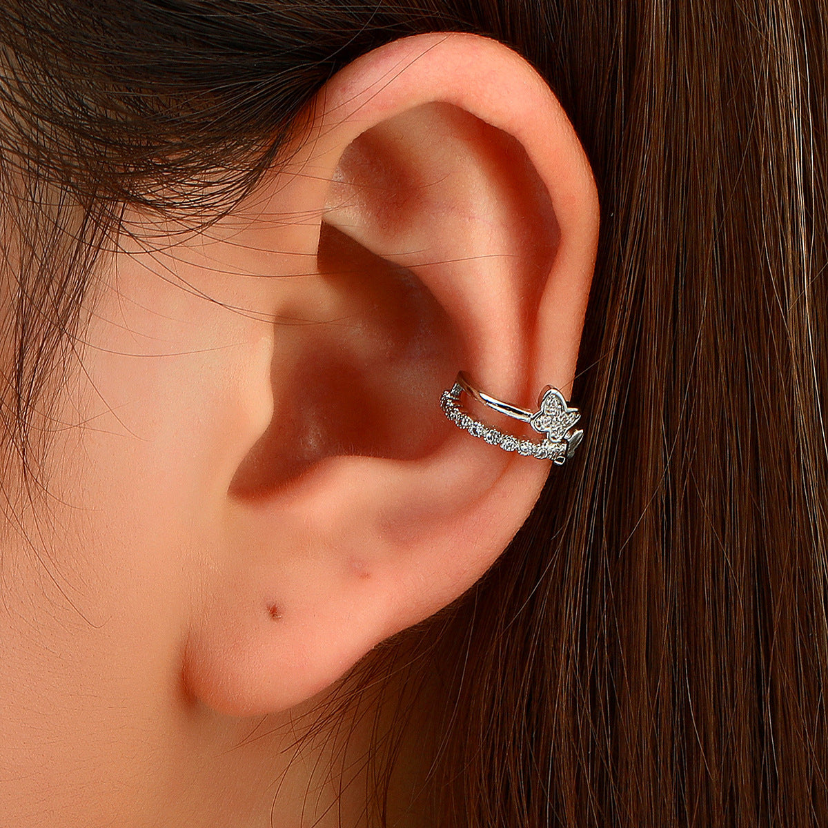 Cubic Zirconia and Silver-Plated Butterfly Layered Ear Cuffs, silver stud earrings for women, front view