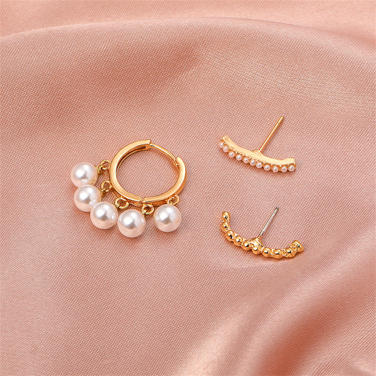 Pearl & 18K Gold-Plated Beaded Three-Piece Stud & Huggie Earring Set