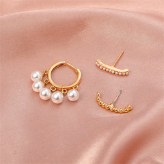 Pearl & 18K Gold-Plated Beaded Three-Piece Stud & Huggie Earring Set