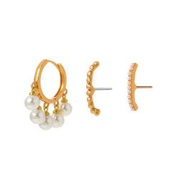Pearl & 18K Gold-Plated Beaded Three-Piece Stud & Huggie Earring Set