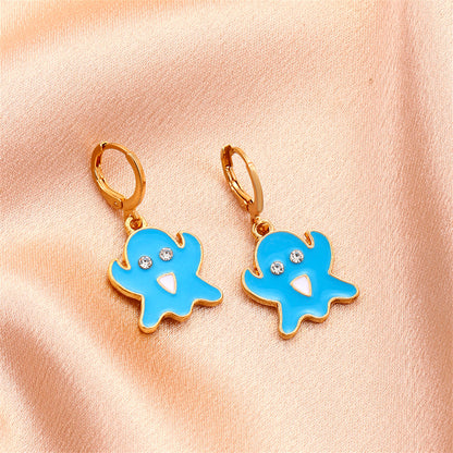 Blue Enamel and Cubic Zirconia 18K Gold-Plated Ghost Huggie Earrings, gold huggie earrings, elegant gift for her, front view