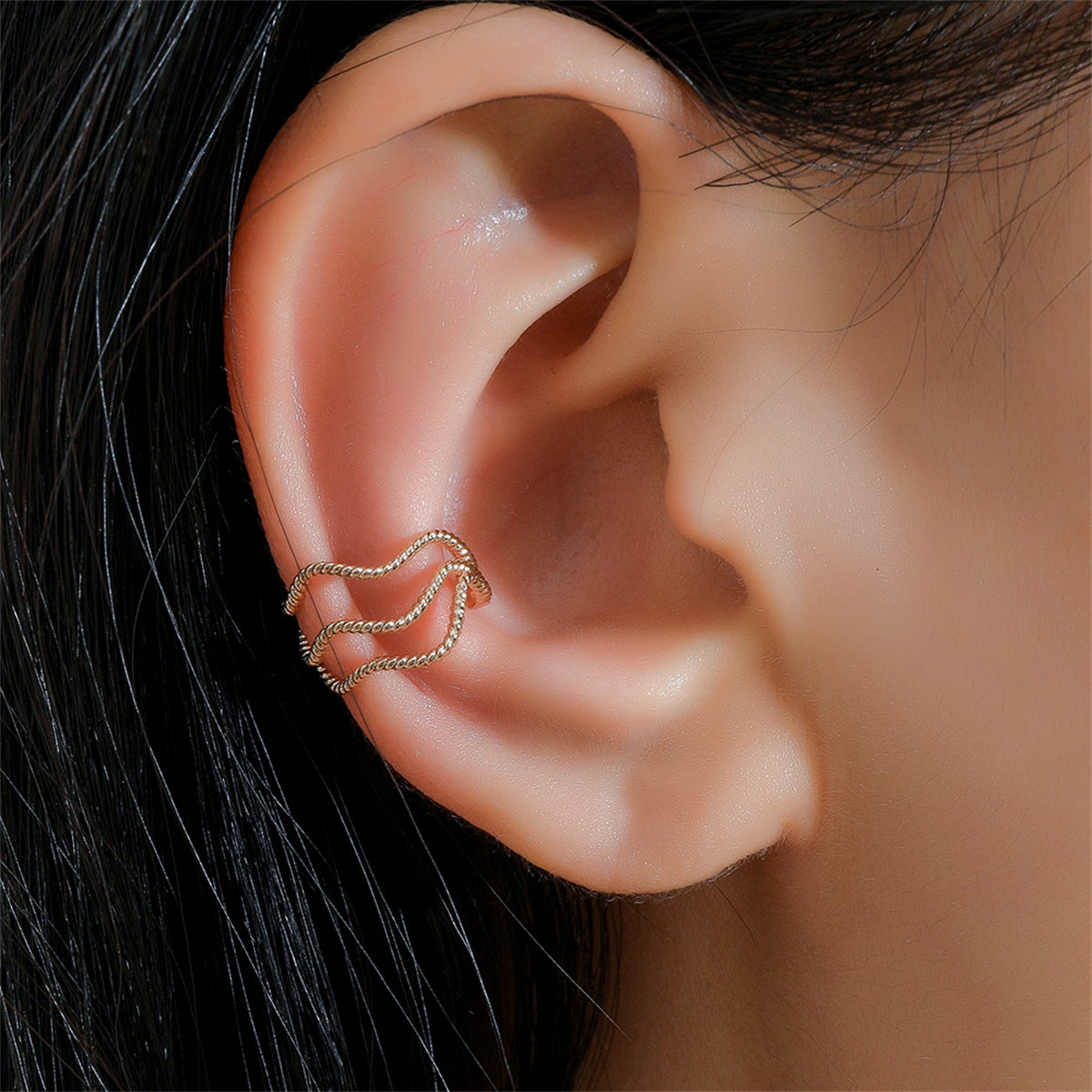 18K Gold-Plated Twine Layered Ear Cuff, gold stud earrings for women, botanical inspired, front view