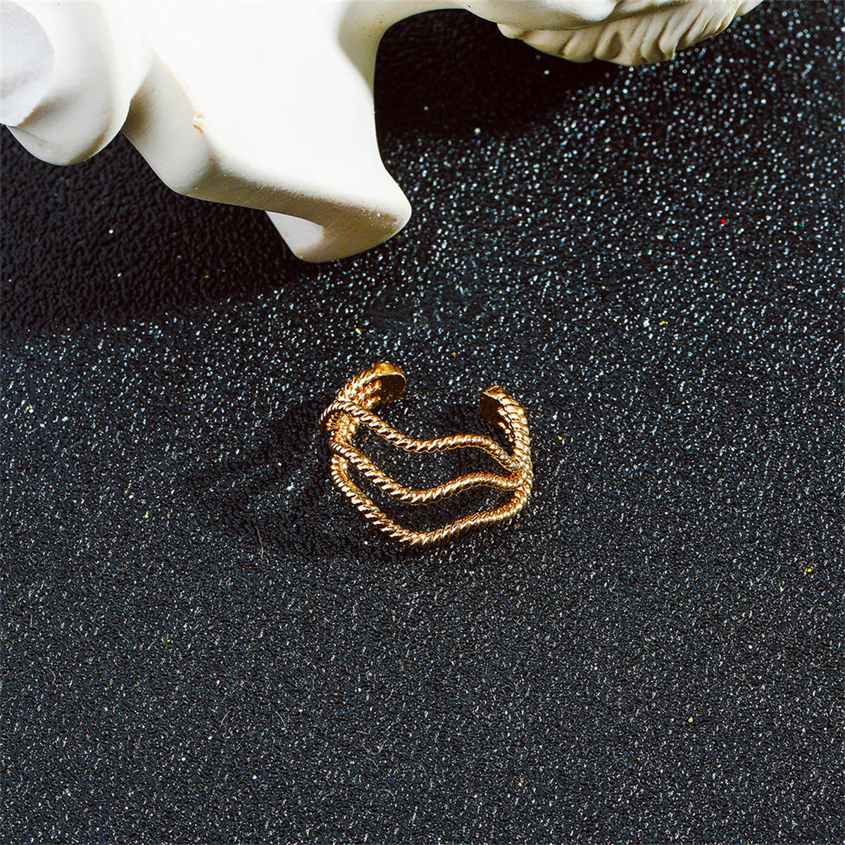 18K Gold-Plated Twine Layered Ear Cuff, gold stud earrings for women, botanical inspired, detail close-up