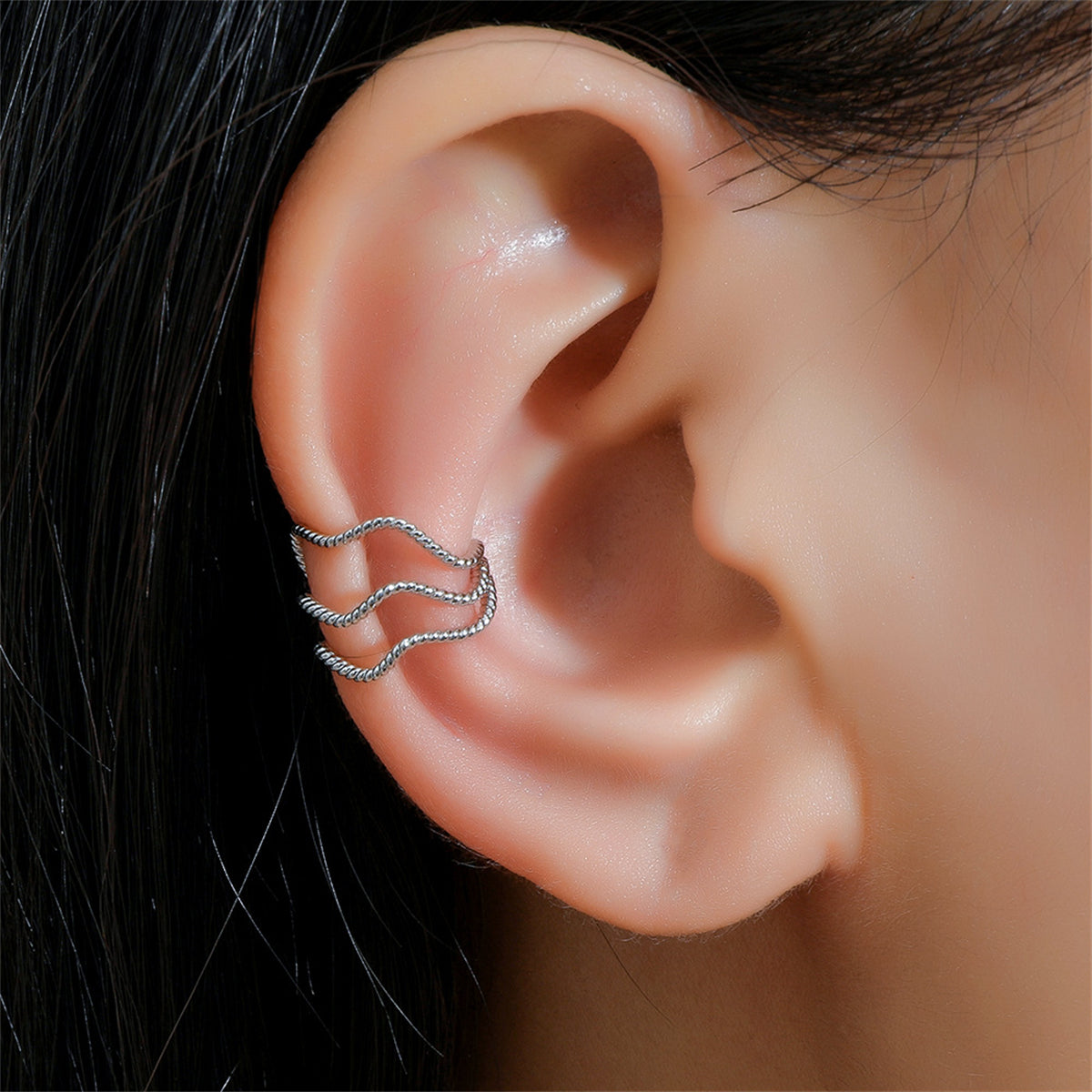 Silver-Plated Twine Layered Ear Cuffs, silver stud earrings for women, dainty minimalist design, front view