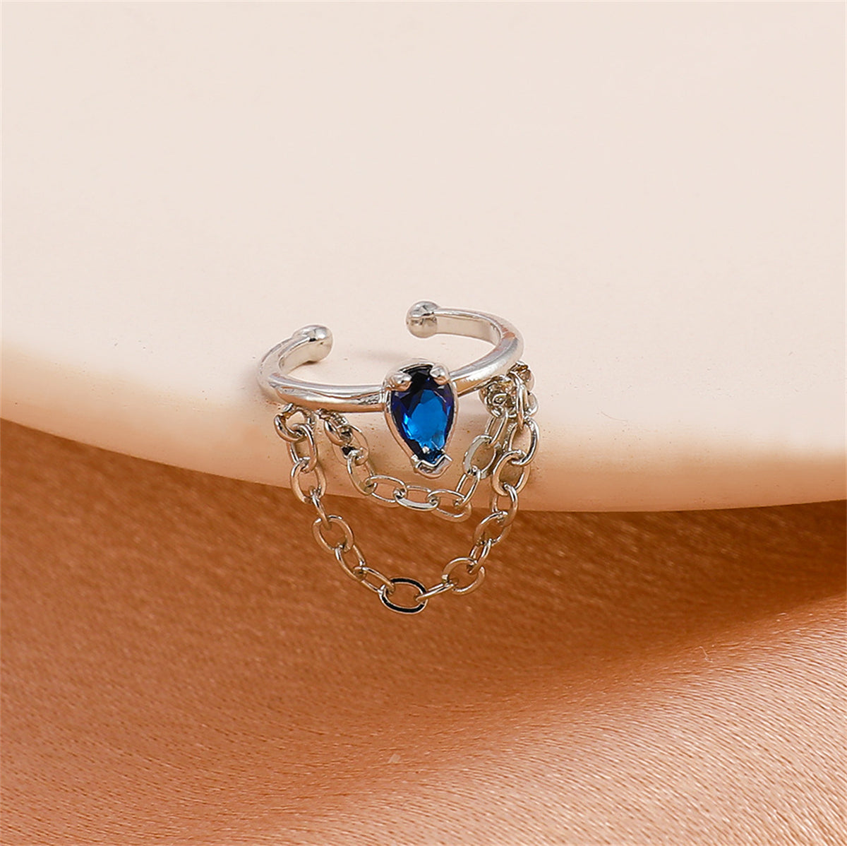Blue Crystal and Silver-Plated Drop Layered Chain Ear Cuff, silver drop earrings for women, front view