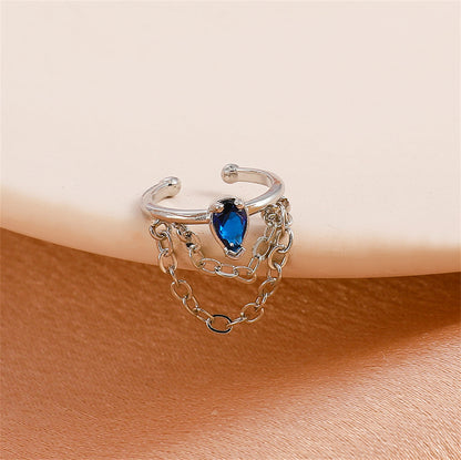 Blue Crystal and Silver-Plated Drop Layered Chain Ear Cuff, silver drop earrings for women, front view