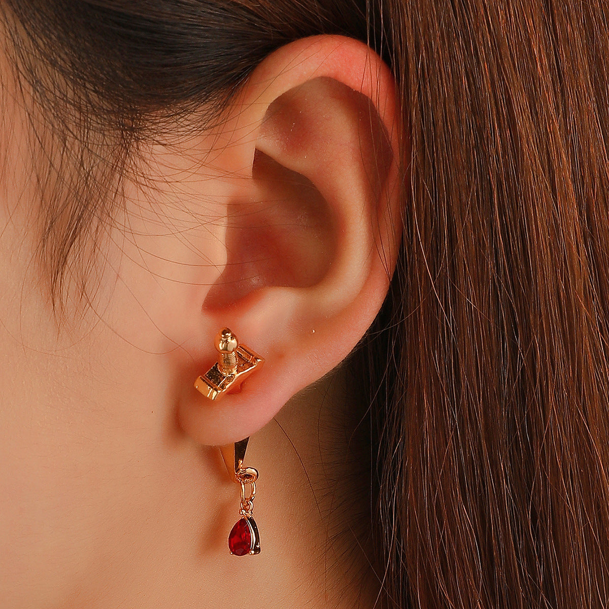 Red Crystal and 18K Gold-Plated Sword Ear Jackets, gold drop earrings for women, botanical inspired, styled look