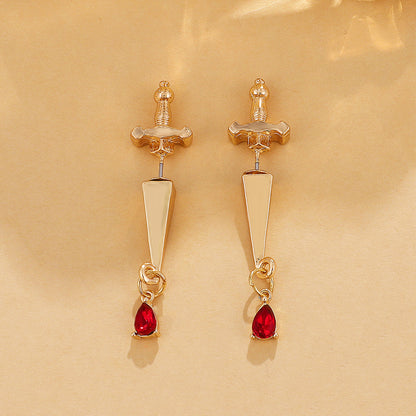 Red Crystal and 18K Gold-Plated Sword Ear Jackets, gold drop earrings for women, botanical inspired, lifestyle look