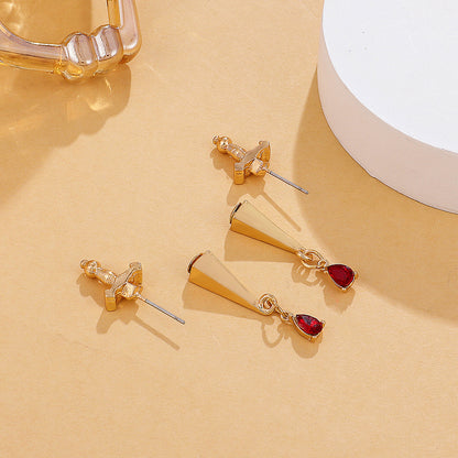 Red Crystal and 18K Gold-Plated Sword Ear Jackets, gold drop earrings for women, botanical inspired, side view