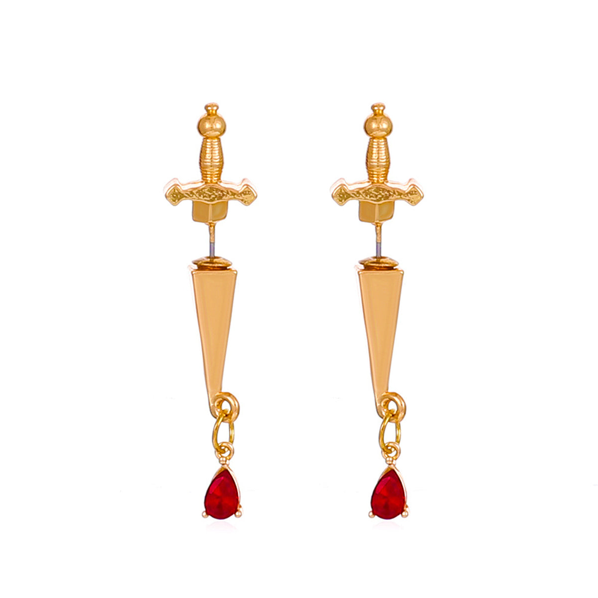 Red Crystal and 18K Gold-Plated Sword Ear Jackets, gold drop earrings for women, botanical inspired, front view