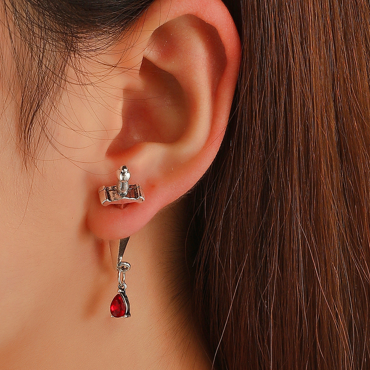 Red Crystal and Silver-Plated Sword Ear Jackets, silver drop earrings for women, botanical inspired, styled look