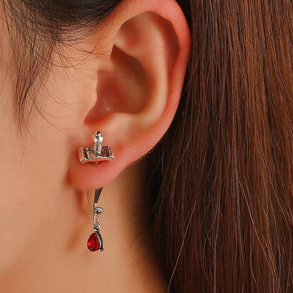 Red Crystal and Silver-Plated Sword Ear Jackets, silver drop earrings for women, botanical inspired, styled look