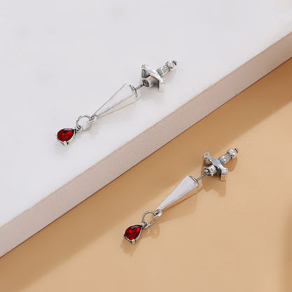 Red Crystal and Silver-Plated Sword Ear Jackets, silver drop earrings for women, botanical inspired, detail close-up