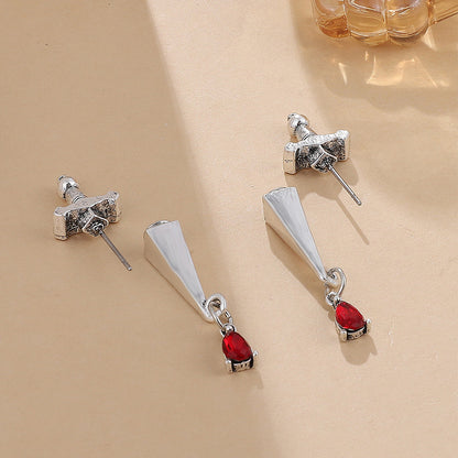 Red Crystal and Silver-Plated Sword Ear Jackets, silver drop earrings for women, botanical inspired, lifestyle look