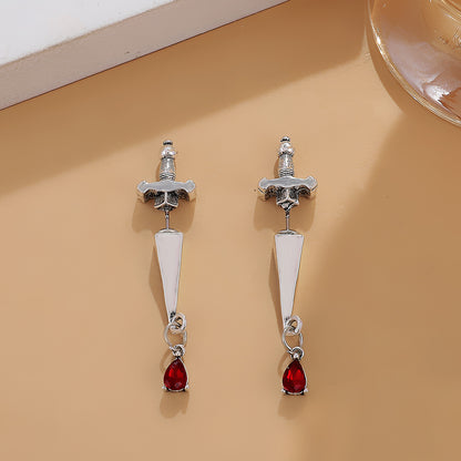 Red Crystal and Silver-Plated Sword Ear Jackets, silver drop earrings for women, botanical inspired, side view