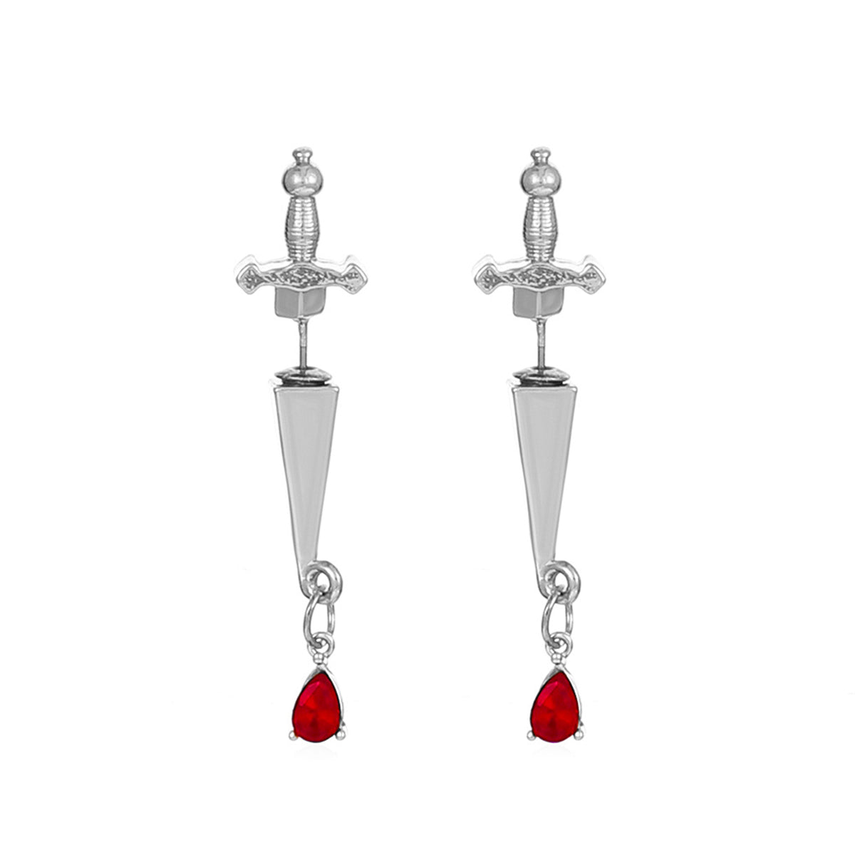Red Crystal and Silver-Plated Sword Ear Jackets, silver drop earrings for women, botanical inspired, front view