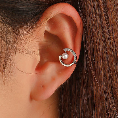 Cubic Zirconia and Pearl Silver-Plated Round Ear Cuff, silver stud earrings for women, everyday style, front view