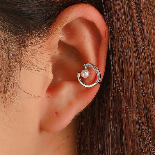 Cubic Zirconia and Pearl Silver-Plated Round Ear Cuff, silver stud earrings for women, everyday style, front view