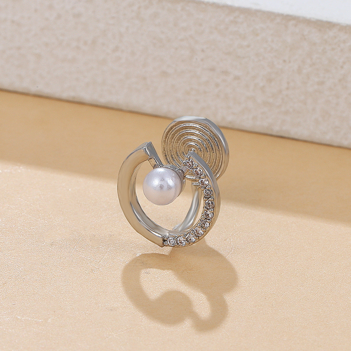 Cubic Zirconia and Pearl Silver-Plated Round Ear Cuff, silver stud earrings for women, everyday style, detail close-up