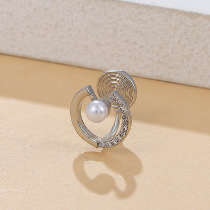 Cubic Zirconia and Pearl Silver-Plated Round Ear Cuff, silver stud earrings for women, everyday style, detail close-up