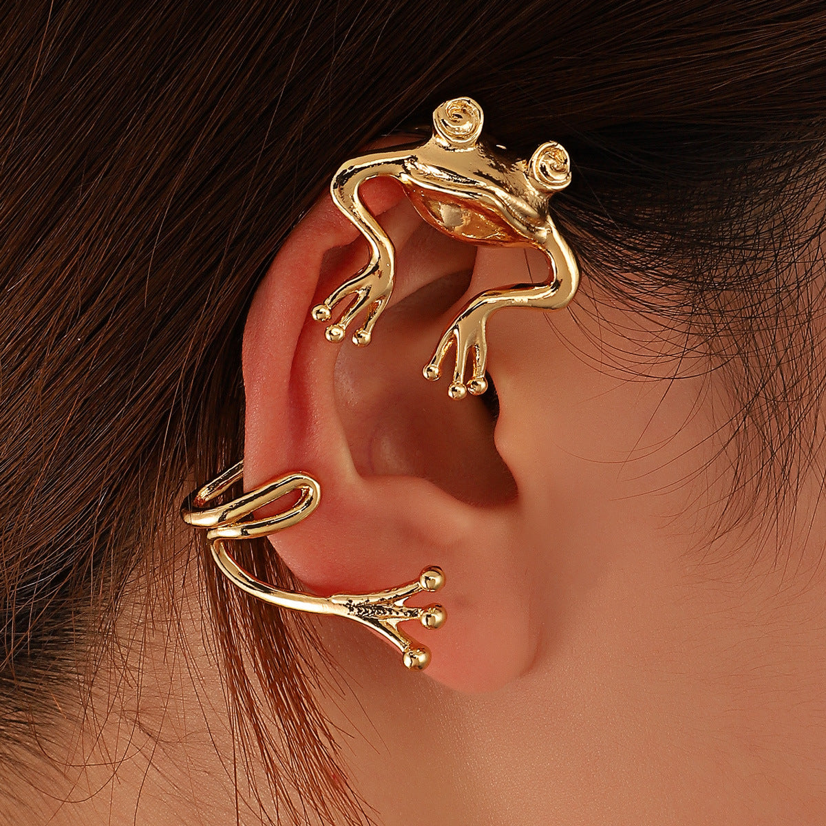 18K Gold-Plated Frog Ear Cuff, gold stud earrings for women, botanical inspired, front view
