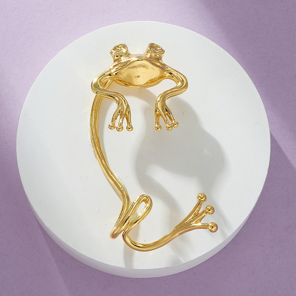 18K Gold-Plated Frog Ear Cuff, gold stud earrings for women, botanical inspired, detail close-up