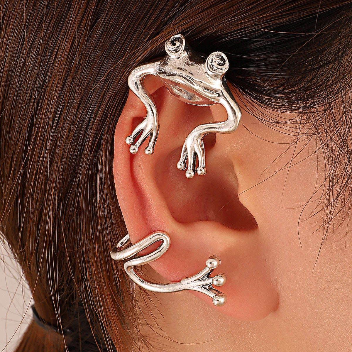 Silver-Plated Frog Ear Cuff, silver stud earrings for women, elegant gift for her, front view
