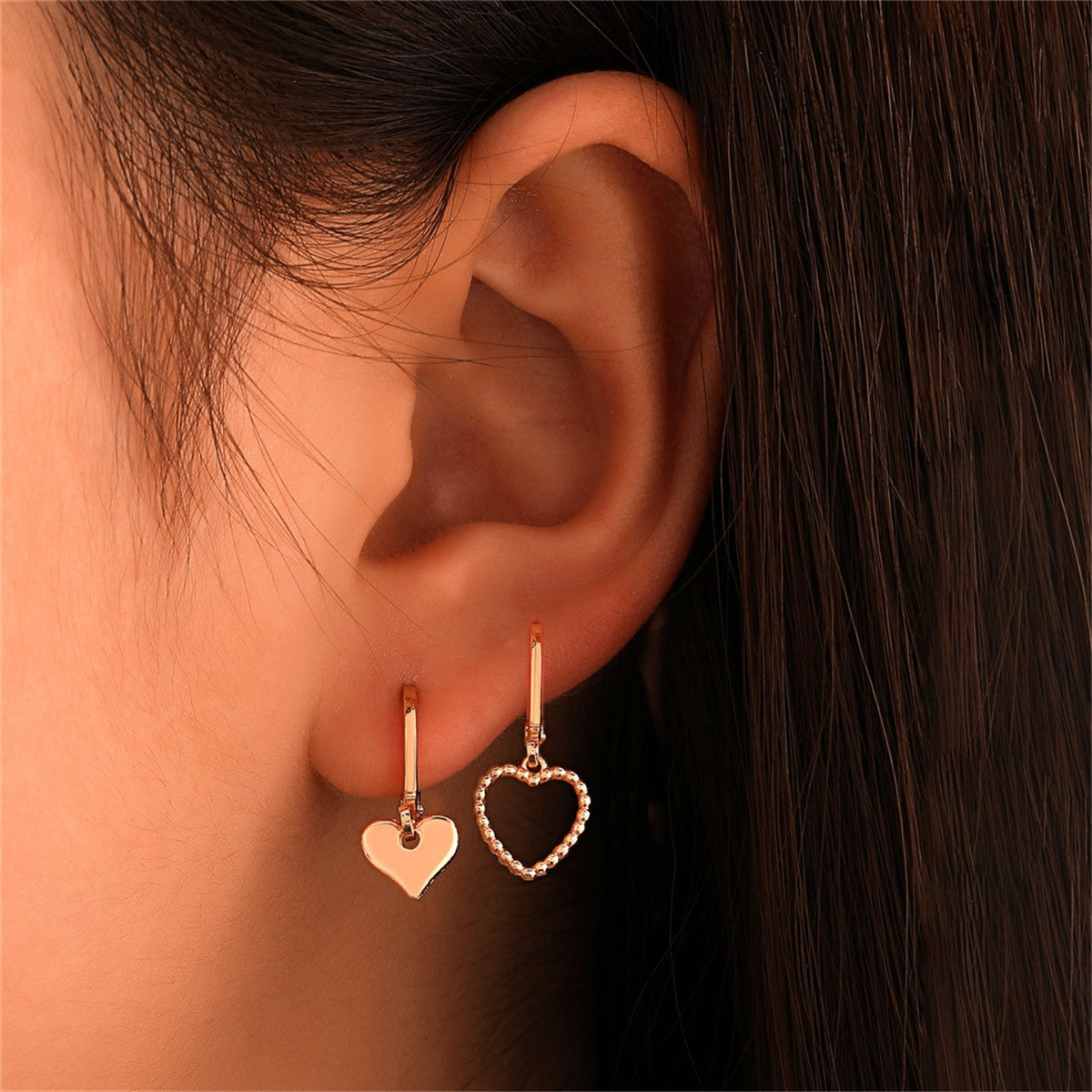 18K Gold-Plated Heart Mismatched Huggie Earrings, gold huggie earrings, elegant gift for her, front view