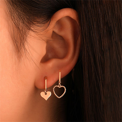 18K Gold-Plated Heart Mismatched Huggie Earrings, gold huggie earrings, elegant gift for her, front view