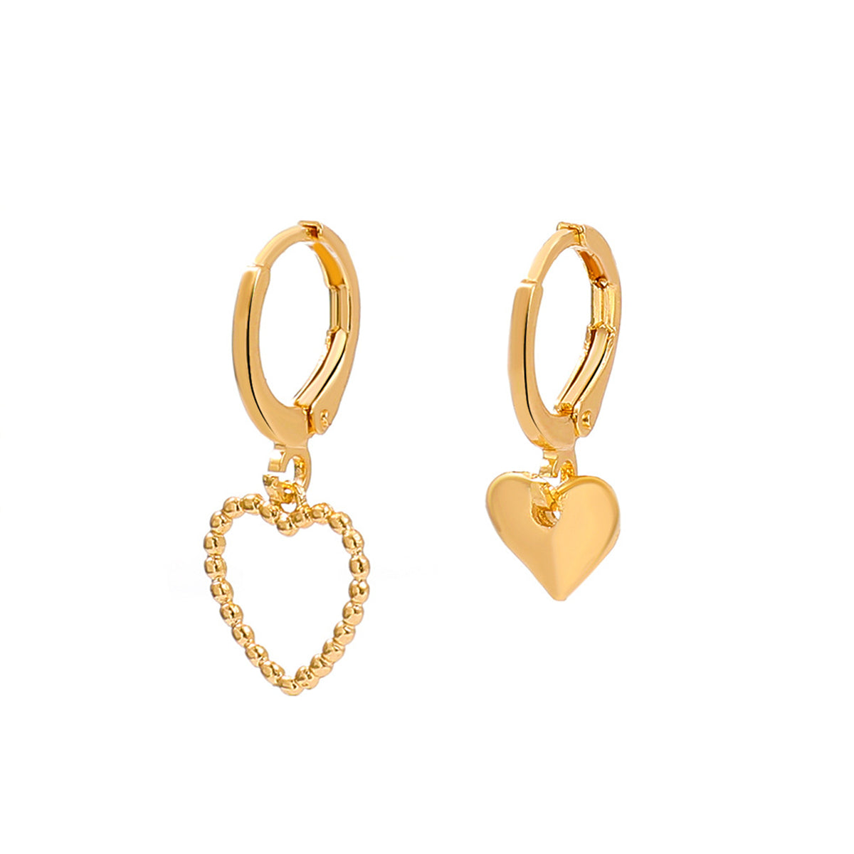 18K Gold-Plated Heart Mismatched Huggie Earrings, gold huggie earrings, elegant gift for her, side view