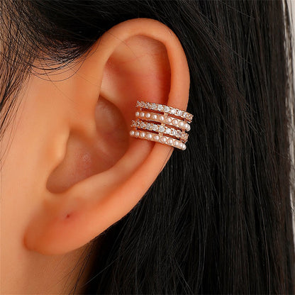 Cubic Zirconia and Pearl 18K Gold-Plated Layered Ear Cuff, gold stud earrings for women, botanical inspired, front view