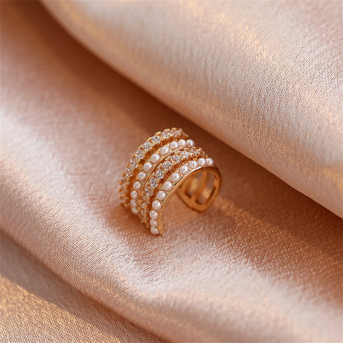 Cubic Zirconia and Pearl 18K Gold-Plated Layered Ear Cuff, gold stud earrings for women, botanical inspired, lifestyle look