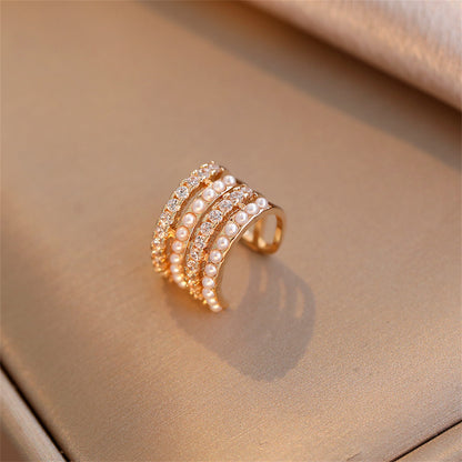 Cubic Zirconia and Pearl 18K Gold-Plated Layered Ear Cuff, gold stud earrings for women, botanical inspired, detail close-up