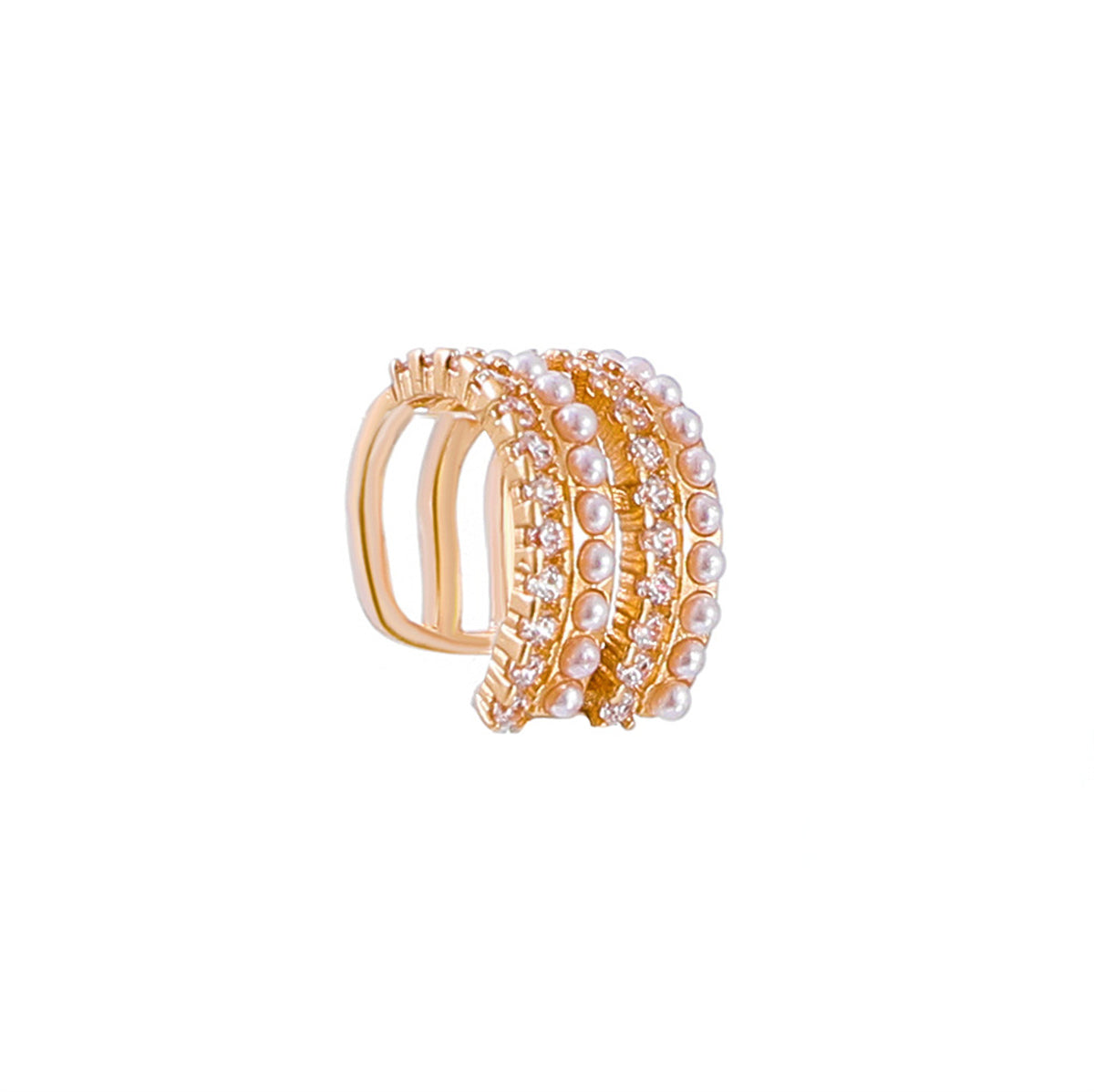 Cubic Zirconia and Pearl 18K Gold-Plated Layered Ear Cuff, gold stud earrings for women, botanical inspired, side view