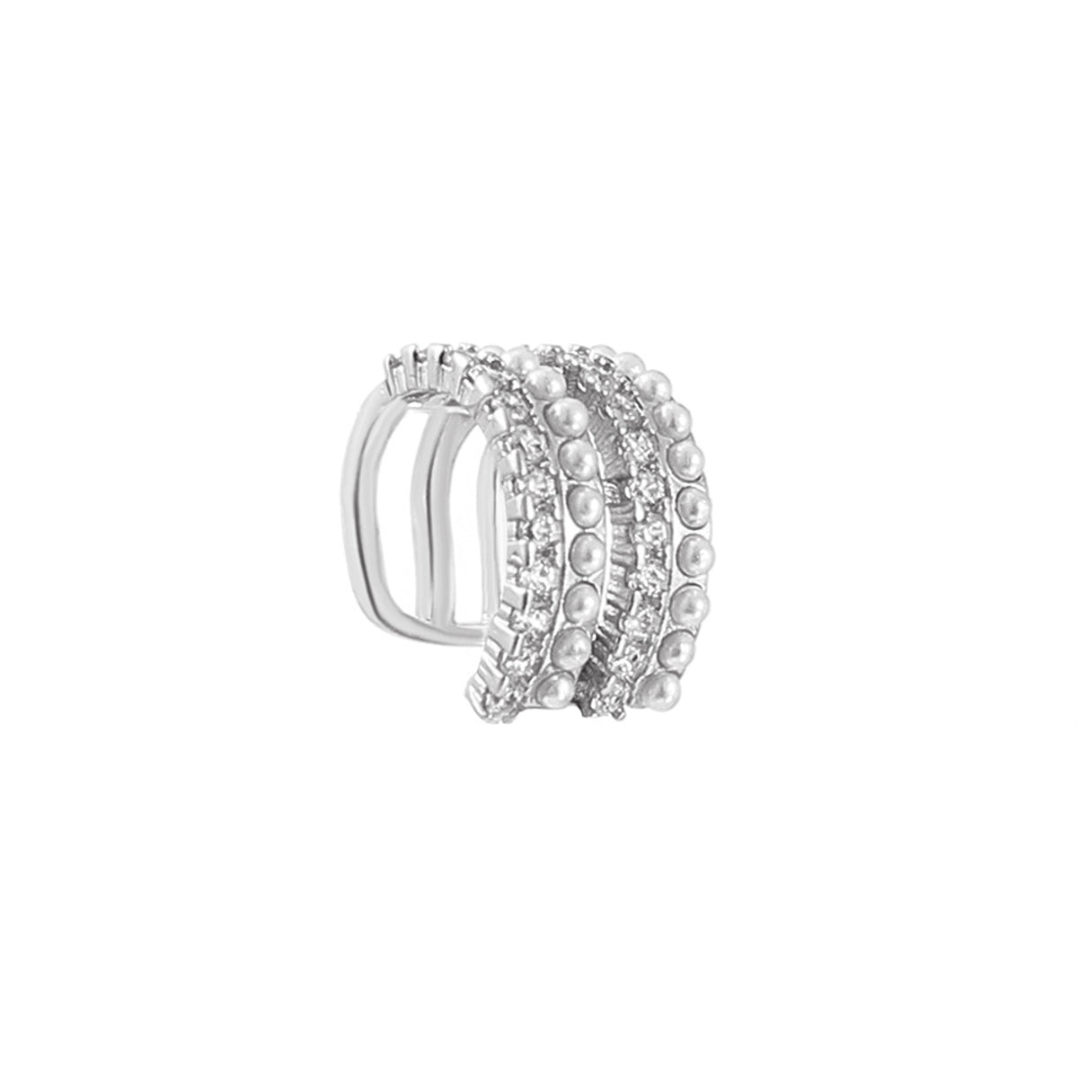 Clear Cubic Zirconia and Pearl Silver-Plated Layered Ear Cuff, silver stud earrings for women, botanical inspired, side view