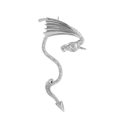 Silver-Plated Dragon Ear Cuff, silver drop earrings for women, everyday style, front view