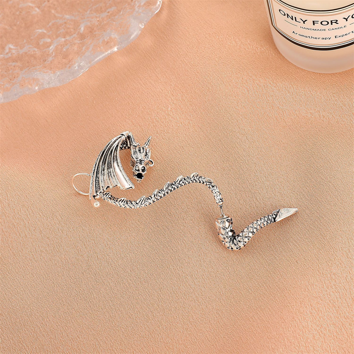 Silver-Plated Dragon Ear Cuff, silver drop earrings for women, everyday style, side view